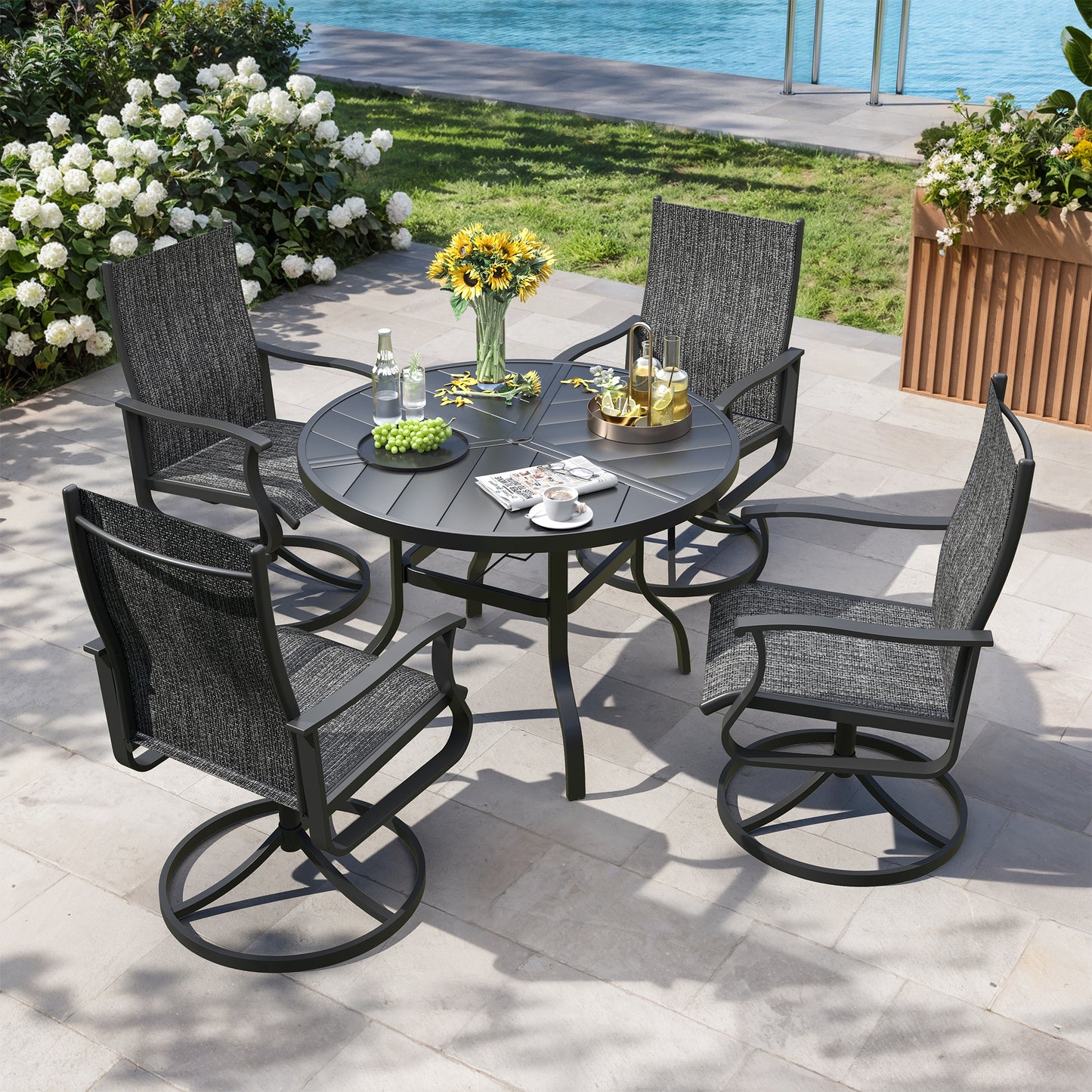 VONZOY 5 Pieces Patio Dining Set, Patio Outdoor Furniture Set of 4 Patio Swivel Dining Chairs and 39" Patio Spliced Round Tabletop with Umbrella Hole, for Deck, Backyard, Poolside & Garden