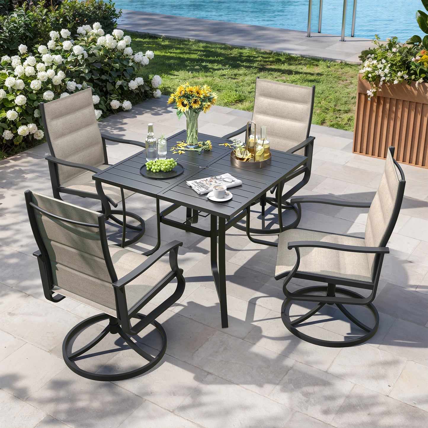 VONZOY 5 Pieces Patio Dining Set, Padded Patio Outdoor Furniture Set of 4 Patio Swivel Dining Chairs and 36" Patio Spliced Square Tabletop with Umbrella Hole, for Deck, Backyard, Poolside & Garden