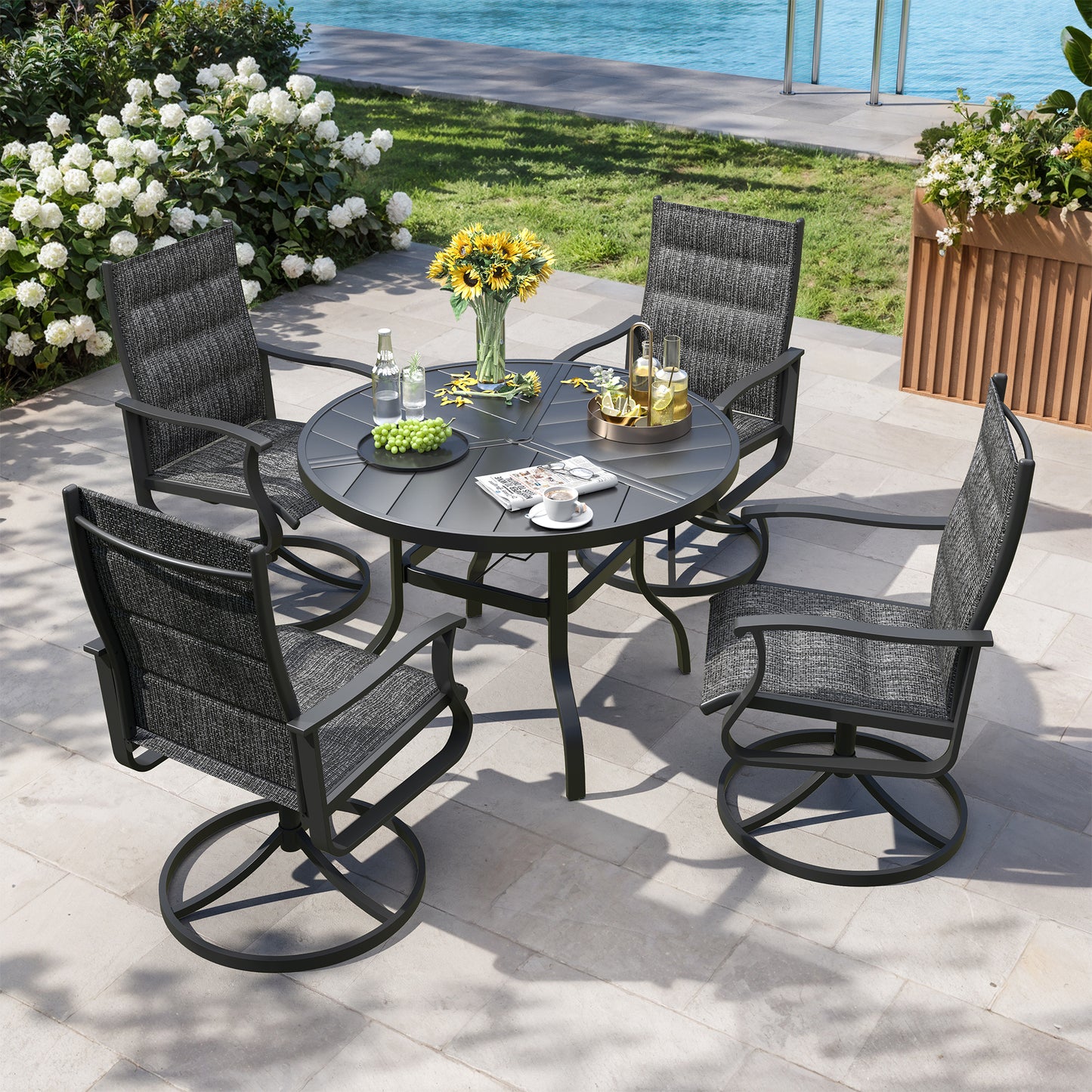 VONZOY 5 Pieces Patio Dining Set, Padded Patio Outdoor Furniture Set of 4 Patio Swivel Dining Chairs and 39" Patio Spliced Round Tabletop with Umbrella Hole, for Deck, Backyard, Poolside & Garden