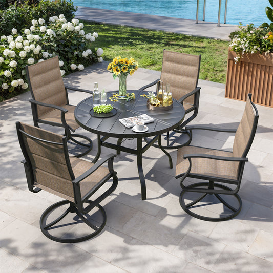VONZOY 5 Pieces Patio Dining Set, Padded Patio Outdoor Furniture Set of 4 Patio Swivel Dining Chairs and 39" Patio Spliced Round Tabletop with Umbrella Hole, for Deck, Backyard, Poolside & Garden