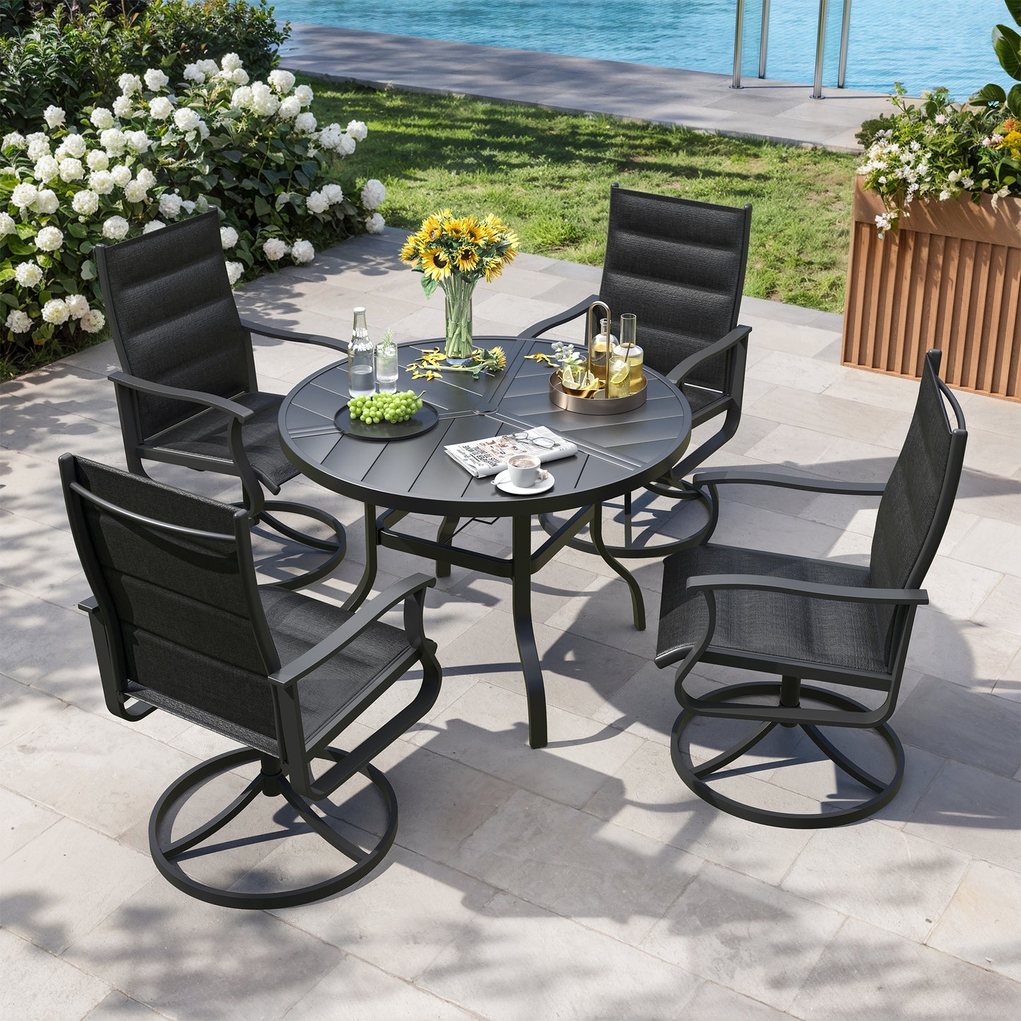 VONZOY 5 Pieces Patio Dining Set, Padded Patio Outdoor Furniture Set of 4 Patio Swivel Dining Chairs and 39" Patio Spliced Round Tabletop with Umbrella Hole, for Deck, Backyard, Poolside & Garden