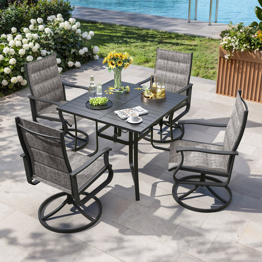 VONZOY 5 Pieces Patio Dining Set, Padded Patio Outdoor Furniture Set of 4 Patio Swivel Dining Chairs and 36" Patio Spliced Square Tabletop with Umbrella Hole, for Deck, Backyard, Poolside & Garden