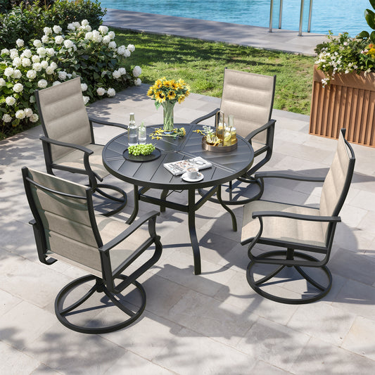 VONZOY 5 Pieces Patio Dining Set, Padded Patio Outdoor Furniture Set of 4 Patio Swivel Dining Chairs and 39" Patio Spliced Round Tabletop with Umbrella Hole, for Deck, Backyard, Poolside & Garden