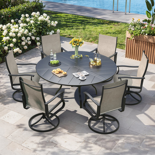 VONZOY 7 Pieces Patio Dining Set, Patio Outdoor Furniture Set of 6 Patio Swivel Dining Chairs and 51" Patio Spliced Round Tabletop with Umbrella Hole, for Deck, Backyard, Poolside & Garde