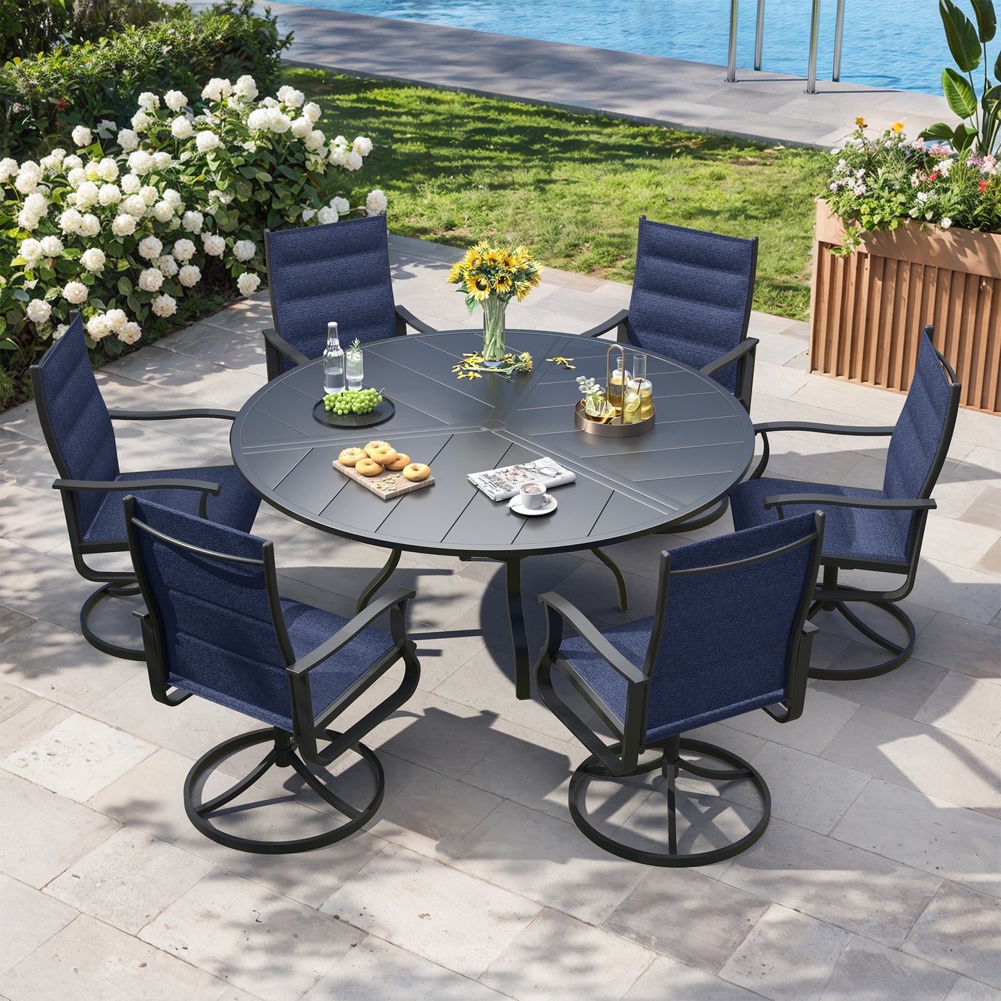 VONZOY 7 Pieces Patio Dining Set, Padded Patio Outdoor Furniture Set of 6 Patio Swivel Dining Chairs and 51" Patio Spliced Round Tabletop with Umbrella Hole, for Deck, Backyard, Poolside & Garden