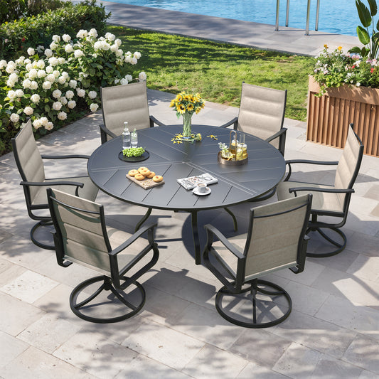 VONZOY 7 Pieces Patio Dining Set, Padded Patio Outdoor Furniture Set of 6 Patio Swivel Dining Chairs and 51" Patio Spliced Round Tabletop with Umbrella Hole, for Deck, Backyard, Poolside & Garden