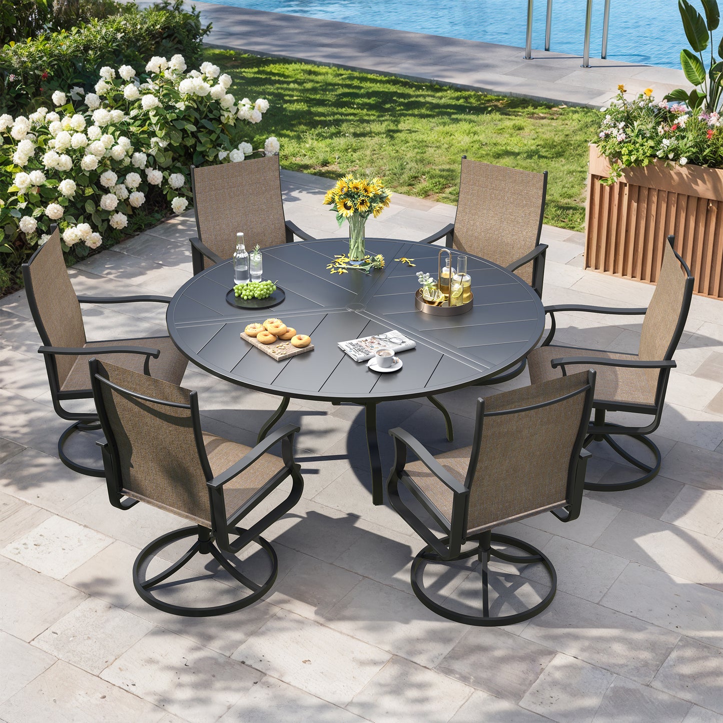 VONZOY 7 Pieces Patio Dining Set, Patio Outdoor Furniture Set of 6 Patio Swivel Dining Chairs and 51" Patio Spliced Round Tabletop with Umbrella Hole, for Deck, Backyard, Poolside & Garden