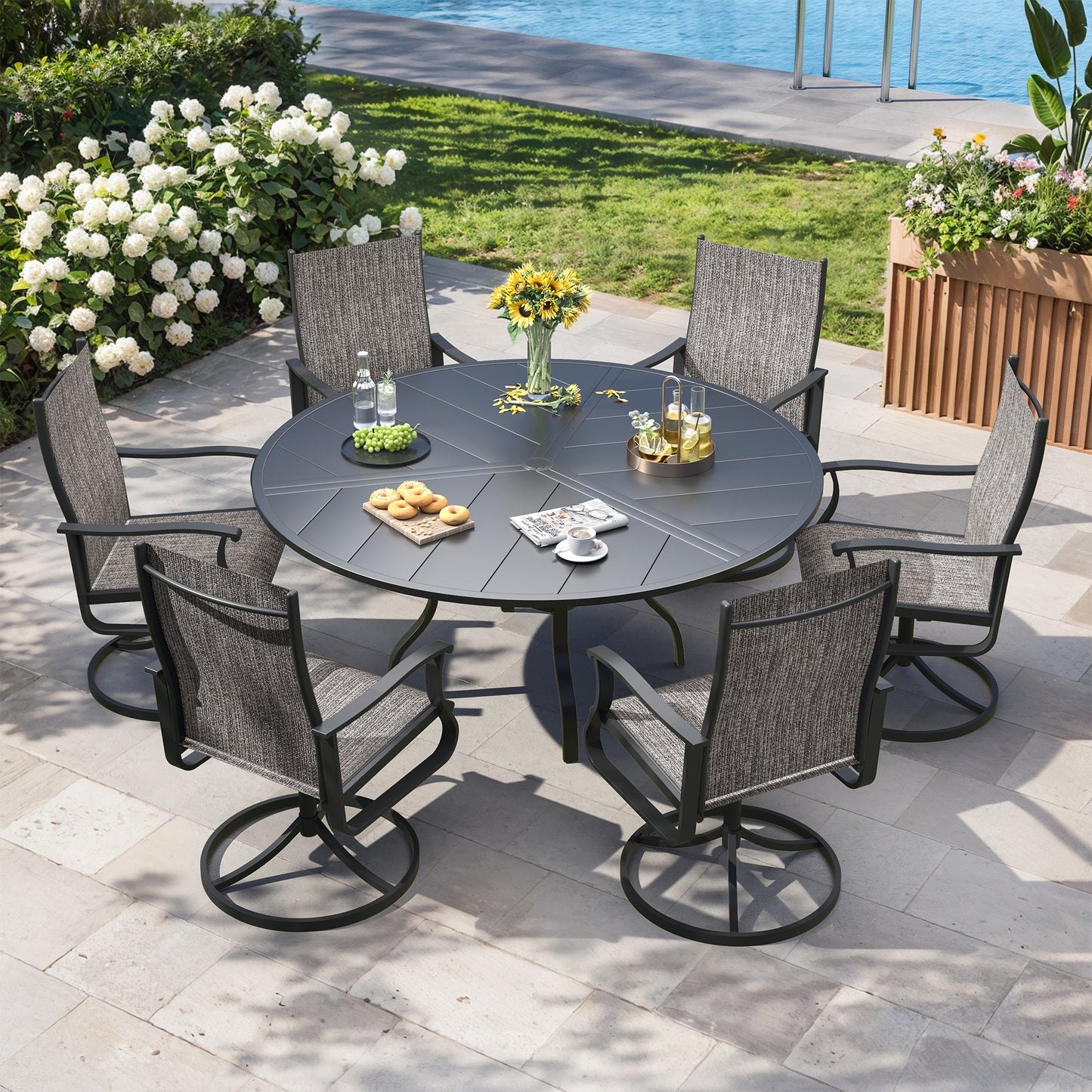 VONZOY 7 Pieces Patio Dining Set, Patio Outdoor Furniture Set of 6 Patio Swivel Dining Chairs and 51" Patio Spliced Round Tabletop with Umbrella Hole, for Deck, Backyard, Poolside & Garden