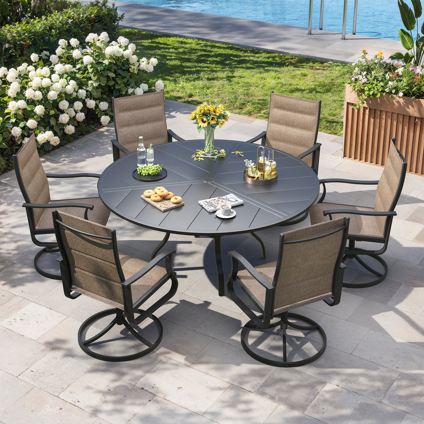 VONZOY 7 Pieces Patio Dining Set, Padded Patio Outdoor Furniture Set of 6 Patio Swivel Dining Chairs and 51" Patio Spliced Round Tabletop with Umbrella Hole, for Deck, Backyard, Poolside & Garden