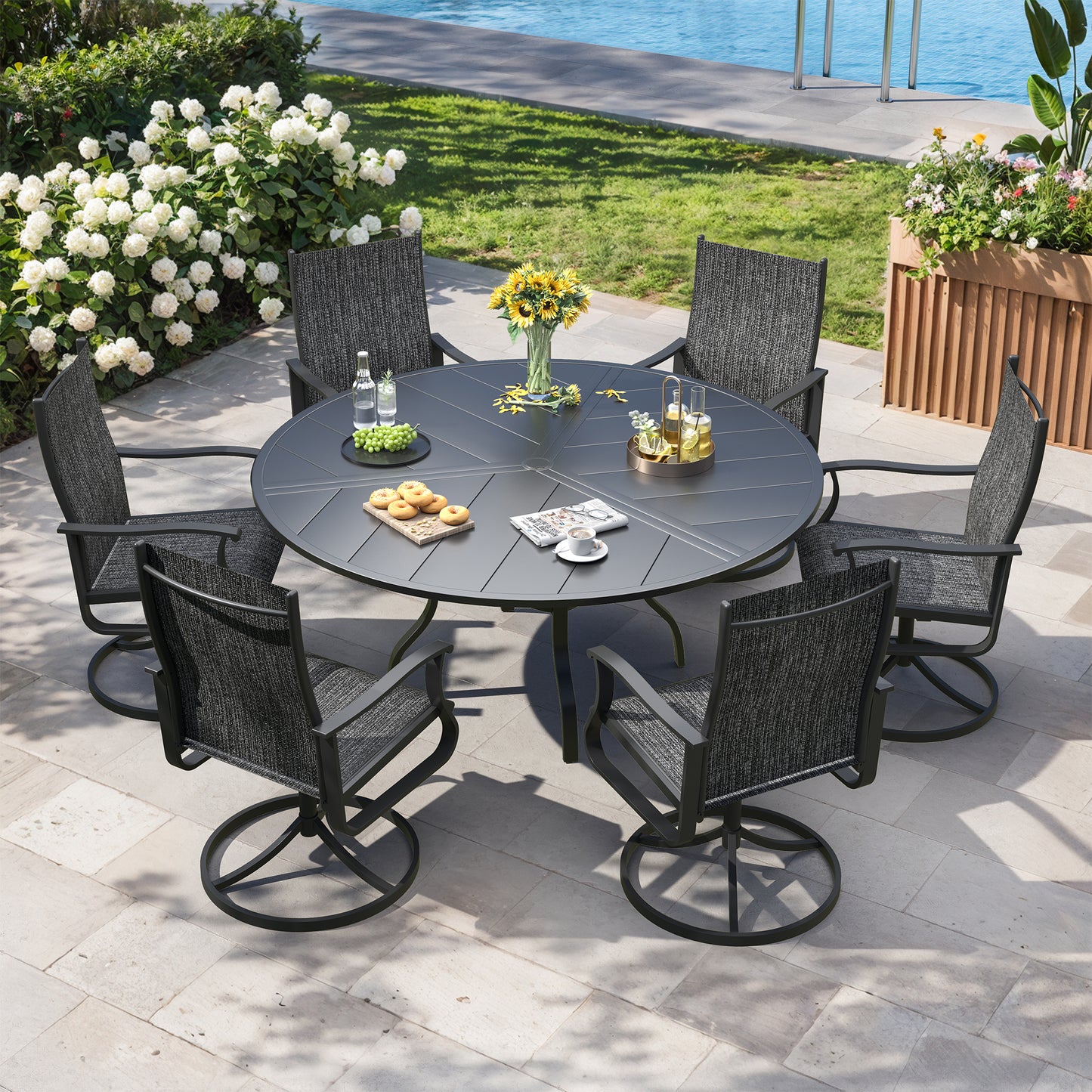 VONZOY 7 Pieces Patio Dining Set, Patio Outdoor Furniture Set of 6 Patio Swivel Dining Chairs and 51" Patio Spliced Round Tabletop with Umbrella Hole, for Deck, Backyard, Poolside & Garden