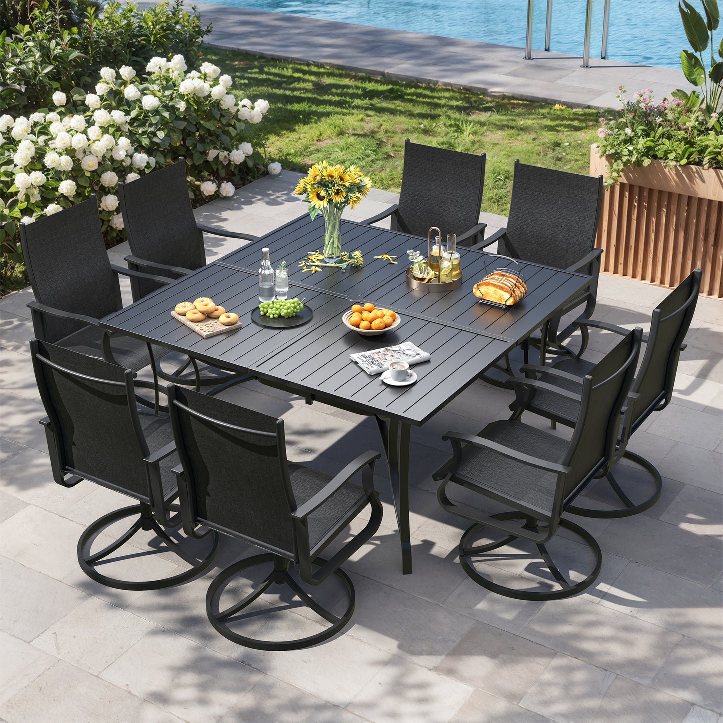 VONZOY 9 Pieces Patio Dining Set, Patio Outdoor Furniture Set of 8 Patio Swivel Dining Chairs and 60" Patio Spliced Square Tabletop with Umbrella Hole, for Deck, Backyard, Poolside & Garden