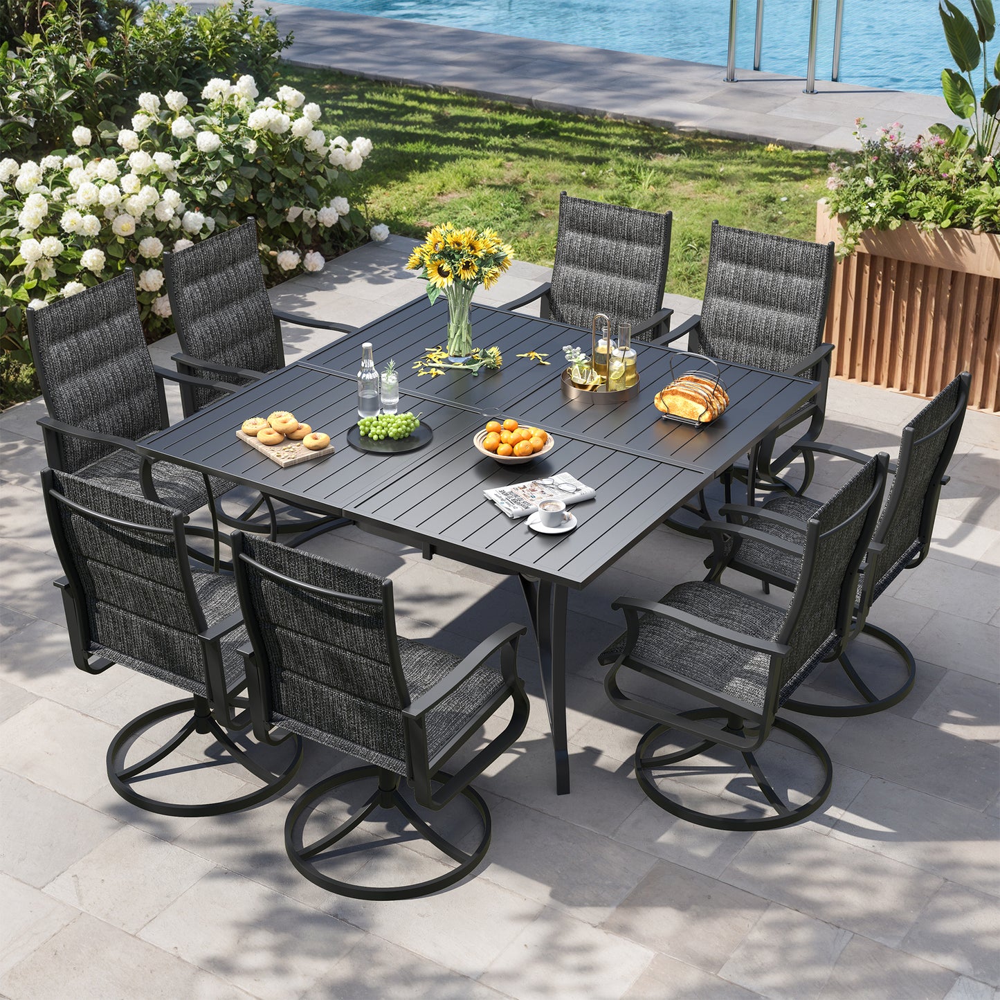 VONZOY 9 Pieces Patio Dining Set, Padded Patio Outdoor Furniture Set of 8 Patio Swivel Dining Chairs and 60" Patio Spliced Square Tabletop with Umbrella Hole, for Deck, Backyard, Poolside & Garden