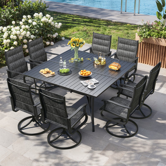 VONZOY 9 Pieces Patio Dining Set, Padded Patio Outdoor Furniture Set of 8 Patio Swivel Dining Chairs and 60" Patio Spliced Square Tabletop with Umbrella Hole, for Deck, Backyard, Poolside & Garden