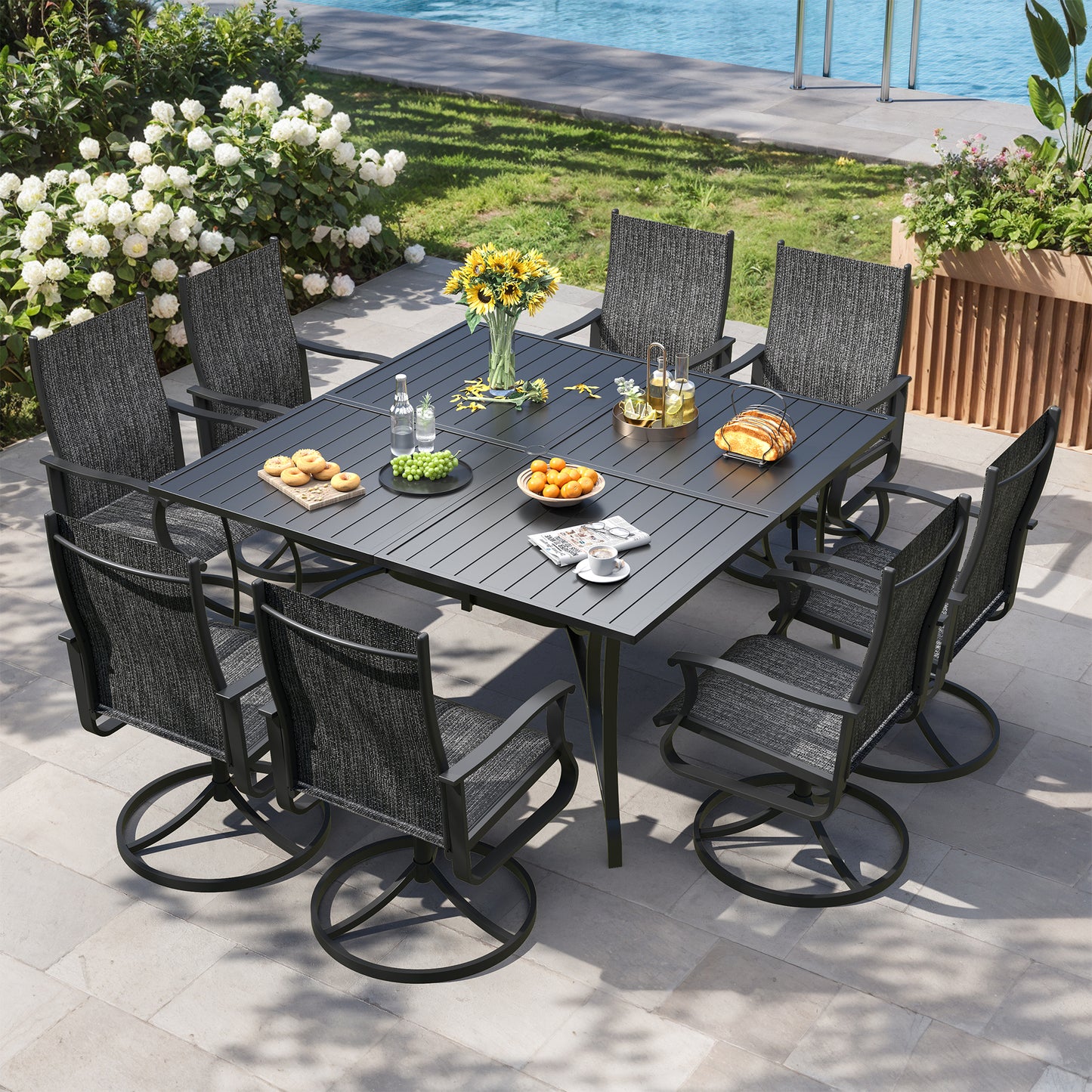 VONZOY 9 Pieces Patio Dining Set, Patio Outdoor Furniture Set of 8 Patio Swivel Dining Chairs and 60" Patio Spliced Square Tabletop with Umbrella Hole, for Deck, Backyard, Poolside & Garden