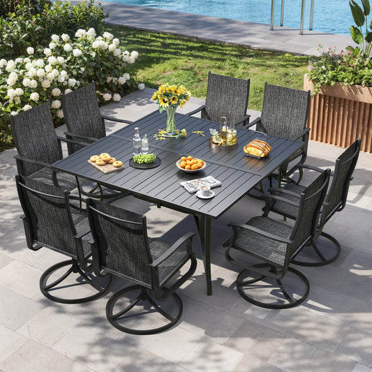 VONZOY 9 Pieces Patio Dining Set, Patio Outdoor Furniture Set of 8 Patio Swivel Dining Chairs and 60" Patio Spliced Square Tabletop with Umbrella Hole, for Deck, Backyard, Poolside & Garden