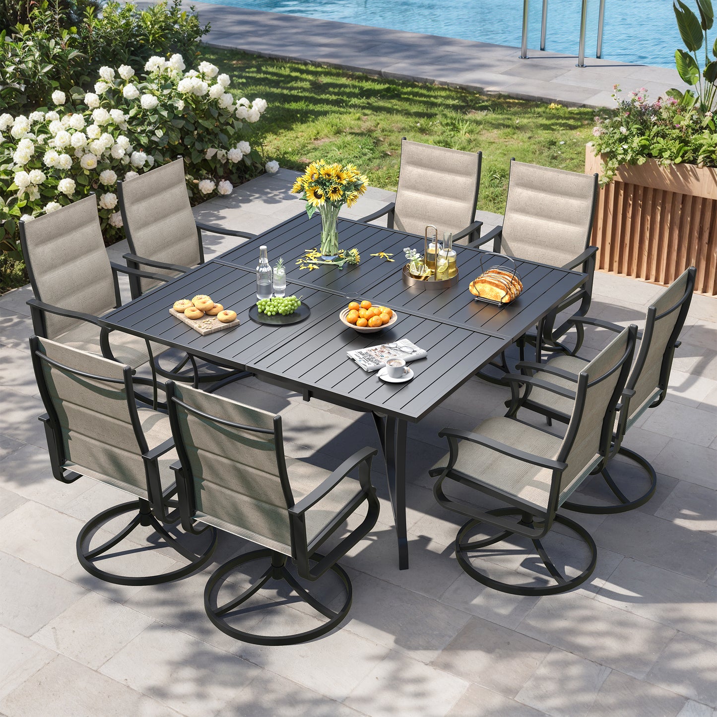 VONZOY 9 Pieces Patio Dining Set, Padded Patio Outdoor Furniture Set of 8 Patio Swivel Dining Chairs and 60" Patio Spliced Square Tabletop with Umbrella Hole, for Deck, Backyard, Poolside & Garden
