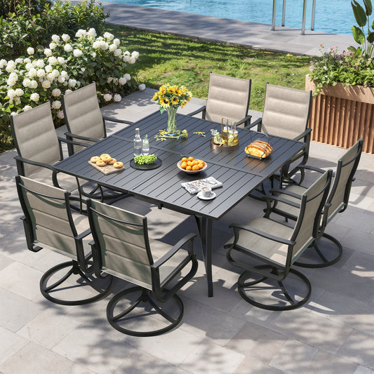 VONZOY 9 Pieces Patio Dining Set, Padded Patio Outdoor Furniture Set of 8 Patio Swivel Dining Chairs and 60" Patio Spliced Square Tabletop with Umbrella Hole, for Deck, Backyard, Poolside & Garden