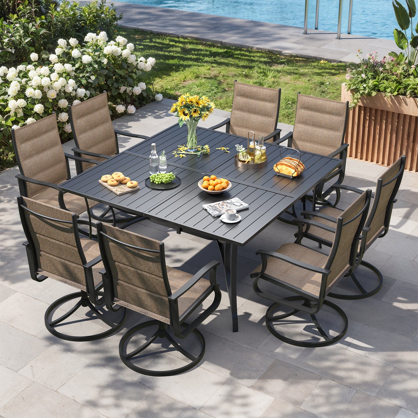 VONZOY 9 Pieces Patio Dining Set, Padded Patio Outdoor Furniture Set of 8 Patio Swivel Dining Chairs and 60" Patio Spliced Square Tabletop with Umbrella Hole, for Deck, Backyard, Poolside & Garden