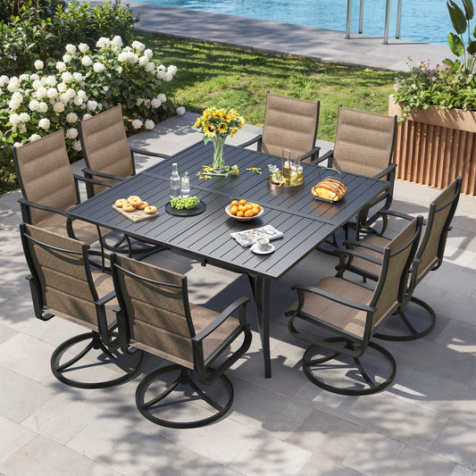 VONZOY 9 Pieces Patio Dining Set, Padded Patio Outdoor Furniture Set of 8 Patio Swivel Dining Chairs and 60" Patio Spliced Square Tabletop with Umbrella Hole, for Deck, Backyard, Poolside & Garden