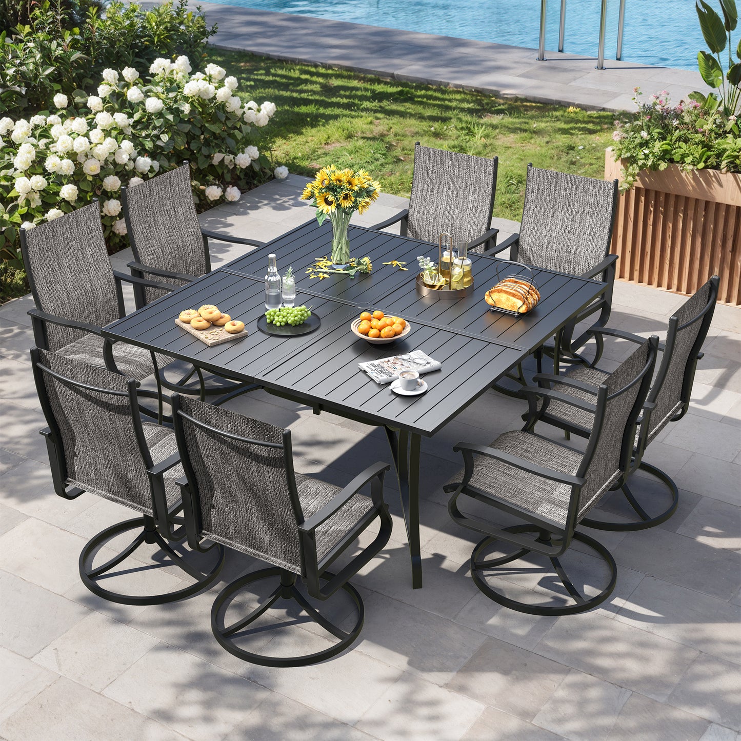 VONZOY 9 Pieces Patio Dining Set, Patio Outdoor Furniture Set of 8 Patio Swivel Dining Chairs and 60" Patio Spliced Square Tabletop with Umbrella Hole, for Deck, Backyard, Poolside & Garden