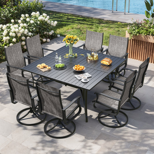VONZOY 9 Pieces Patio Dining Set, Patio Outdoor Furniture Set of 8 Patio Swivel Dining Chairs and 60" Patio Spliced Square Tabletop with Umbrella Hole, for Deck, Backyard, Poolside & Garden
