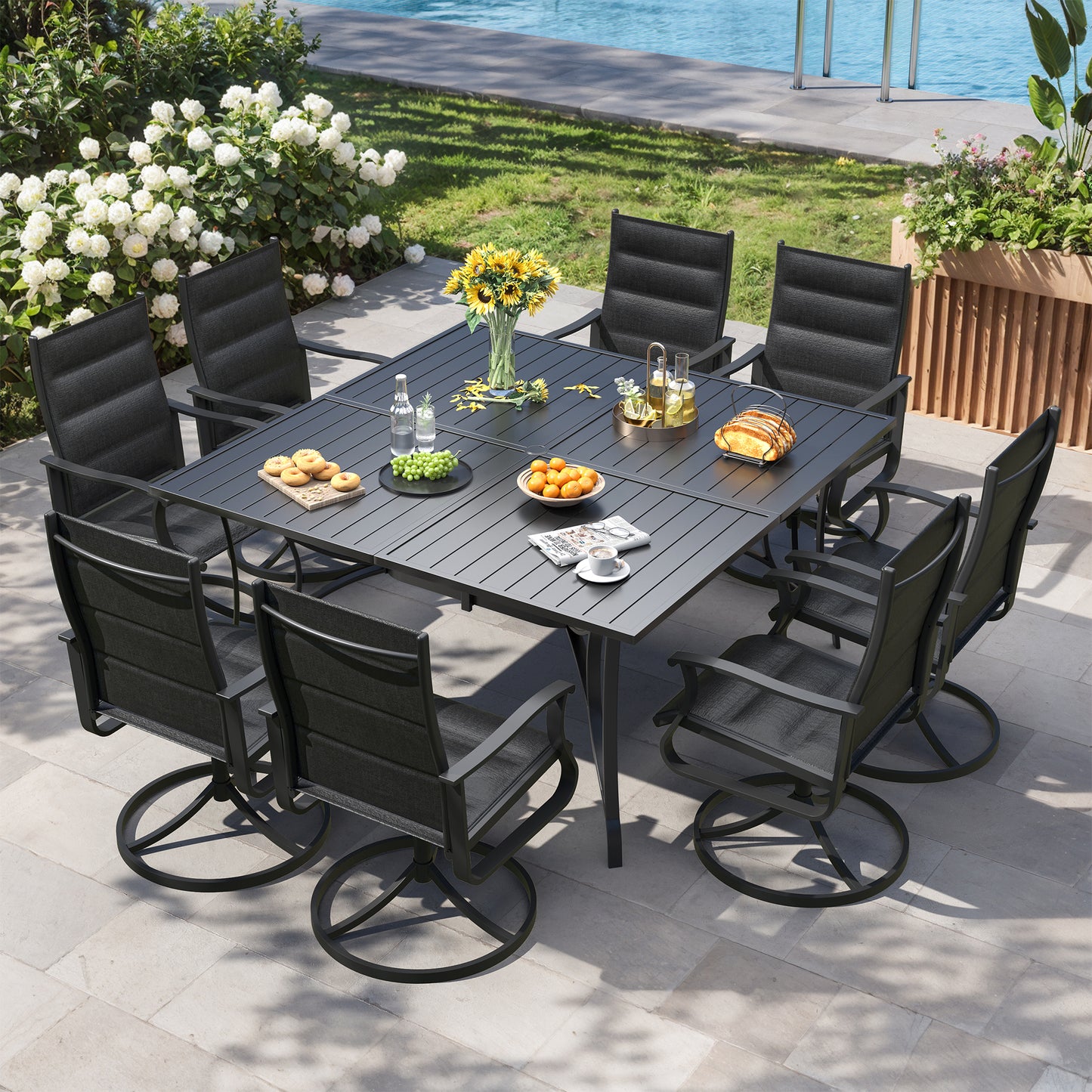 VONZOY 9 Pieces Patio Dining Set, Padded Patio Outdoor Furniture Set of 8 Patio Swivel Dining Chairs and 60" Patio Spliced Square Tabletop with Umbrella Hole, for Deck, Backyard, Poolside & Garden