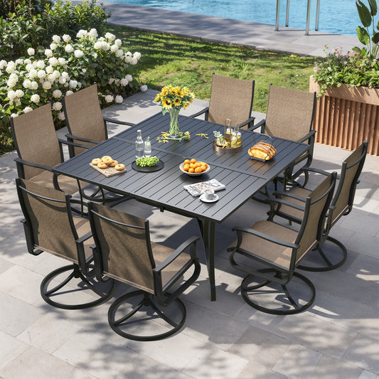 VONZOY 9 Pieces Patio Dining Set, Patio Outdoor Furniture Set of 8 Patio Swivel Dining Chairs and 60" Patio Spliced Square Tabletop with Umbrella Hole, for Deck, Backyard, Poolside & Garden