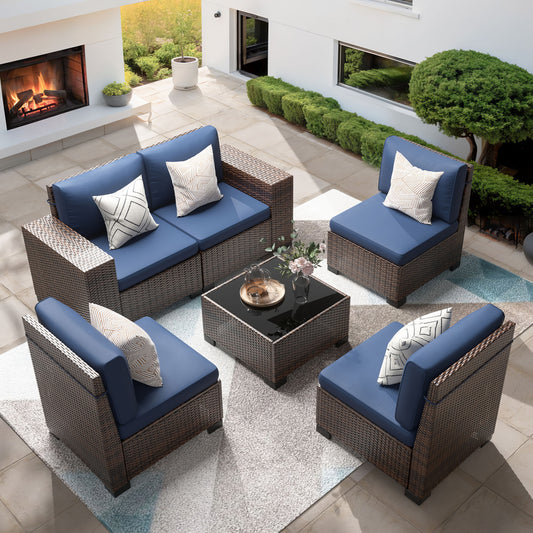 Patio Furniture Set, 6 Pieces Outdoor Sectional Sofa Conversation Sets Modern Wicker Seating Set, 4'' Thickened Cushions 1 Glass Coffee Table for Backyard Poolside, Navy Blue