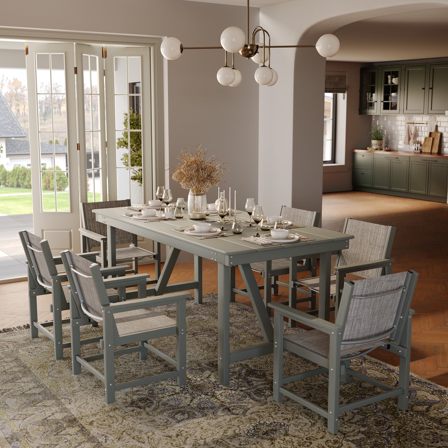 VONZOY Dining Table Set for 6, Outdoor Dining Sets 5 PCs, HDPE Table with 6 Textile Dining Chairs, Weather and Crack Resistance, Patio Dining Sets for Porch Backyard Indoor Lawn Garden Dining Room