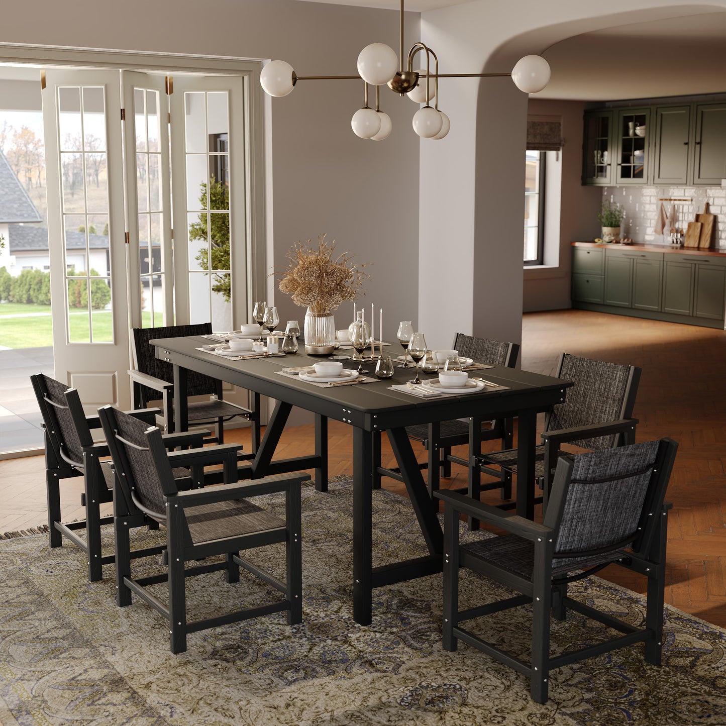 VONZOY Dining Table Set for 6, Outdoor Dining Sets 5 PCs, HDPE Table with 6 Textile Dining Chairs, Weather and Crack Resistance, Patio Dining Sets for Porch Backyard Indoor Lawn Garden Dining Room