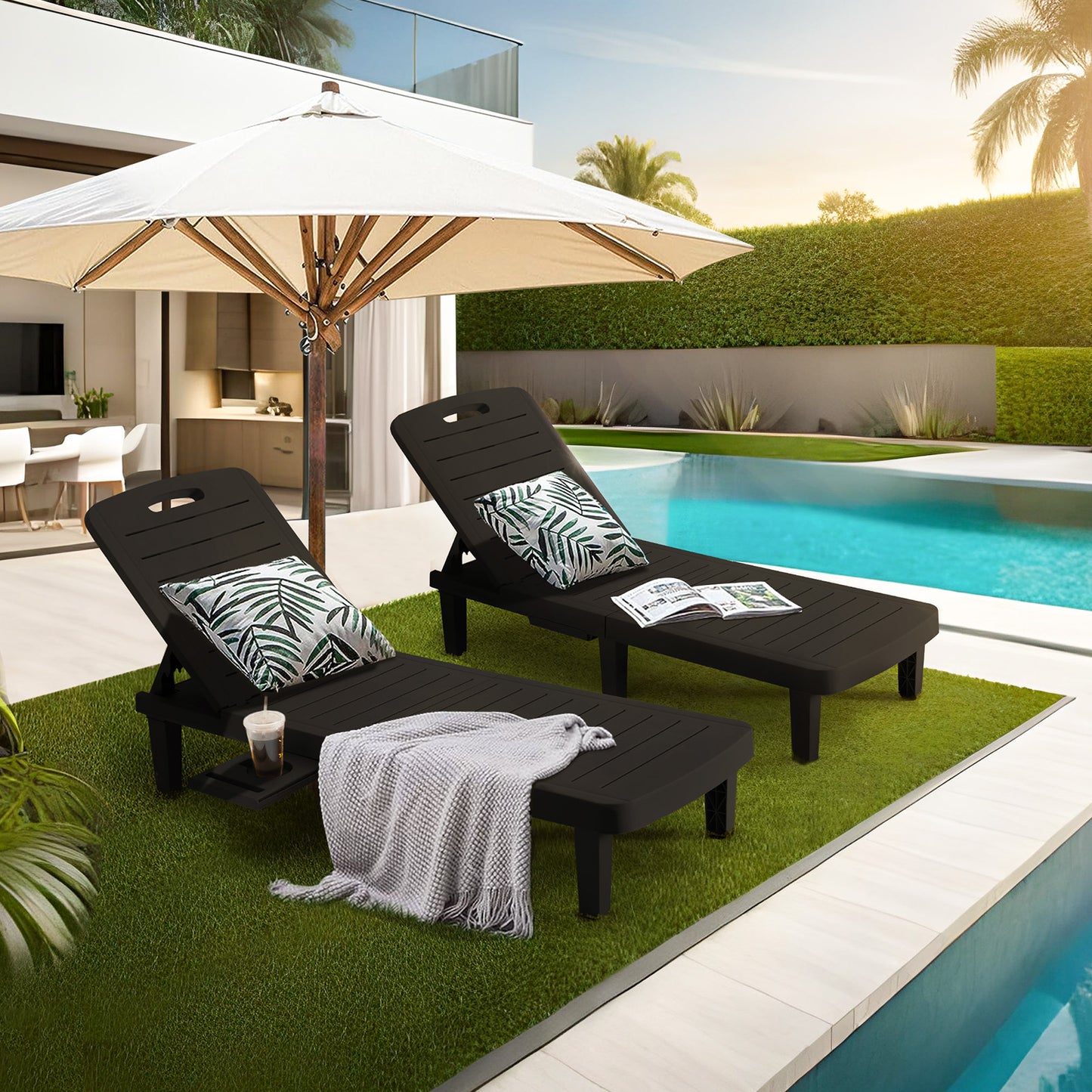 VONZOY Oversized Lounge Chair Outdoor, Resin Patio Lounge Chair with 5 Adjustable Backrest, Oversized Chaise Lounge Chair with Storage Rack for Pool, Deck, Indoor, Garden