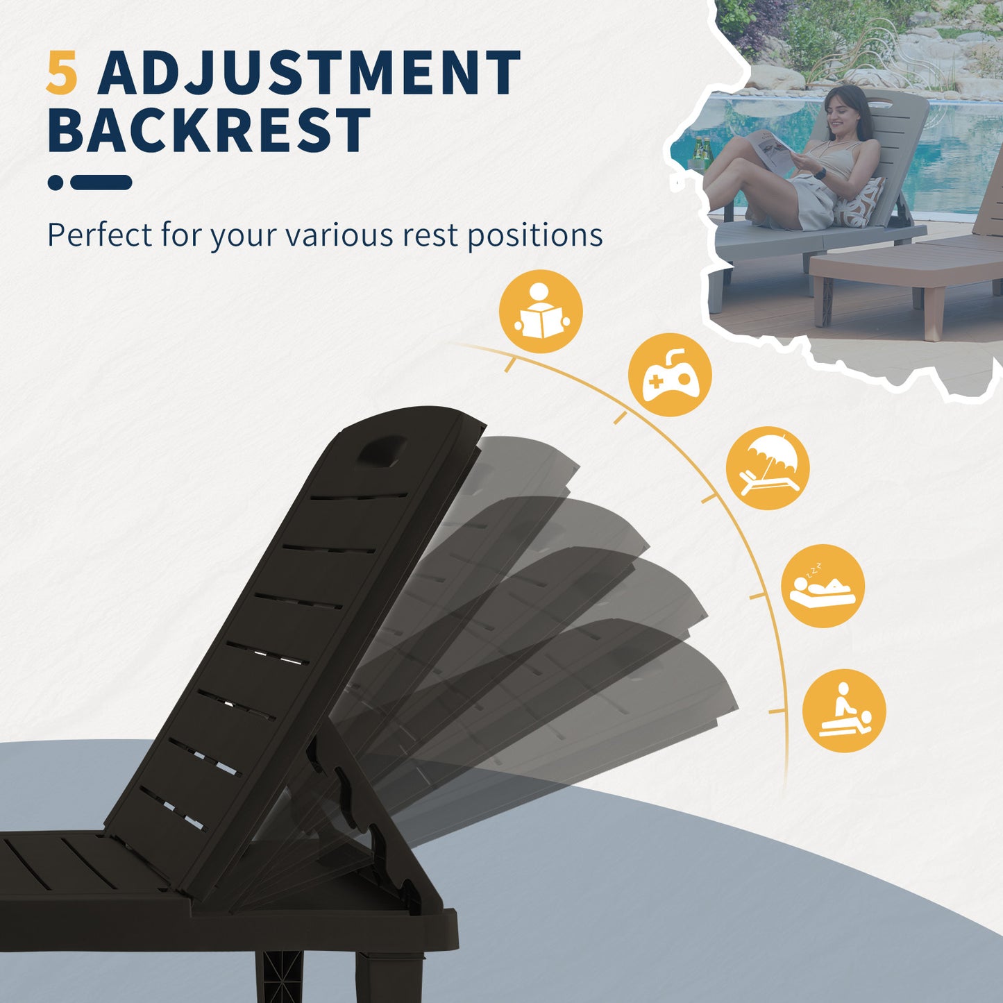 VONZOY Oversized Chaise Lounge Chair Outdoor Set of 2, Resin Patio Lounge Chair with 5 Adjustable Backrest, Pool Chaser Lounge Chair with Storage Rack for Deck, Indoor, Garden