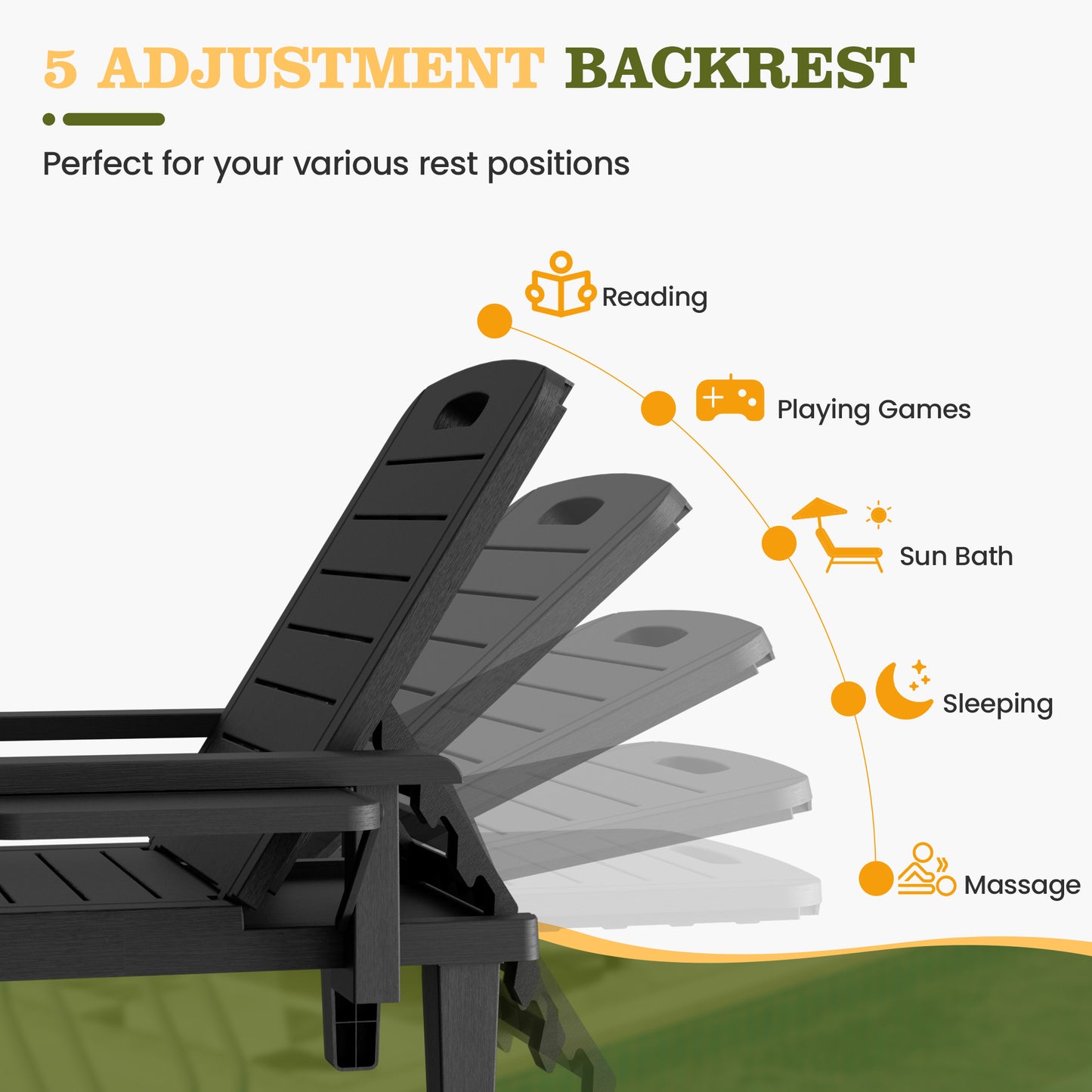 Vonzoy 2PCS Outdoor Lounge Chair with Armrests, Adjustable 5-level Height, Durable Resin, Easy to Clean, Patio Pool Chaise Chaise with Cup Holder