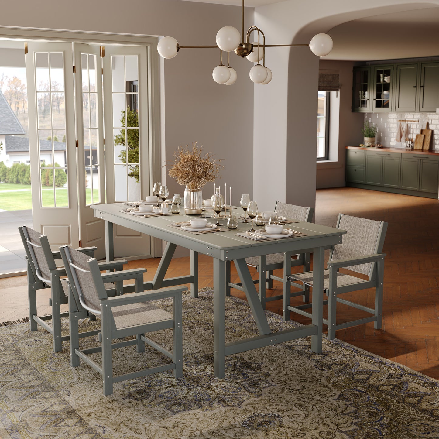 VONZOY Dining Table Set for 4, Outdoor Dining Sets 5 PCs, HDPE Table with 6 Textile Dining Chairs, Weather and Crack Resistance, Patio Dining Sets for Porch Backyard Indoor Lawn Garden Dining Room