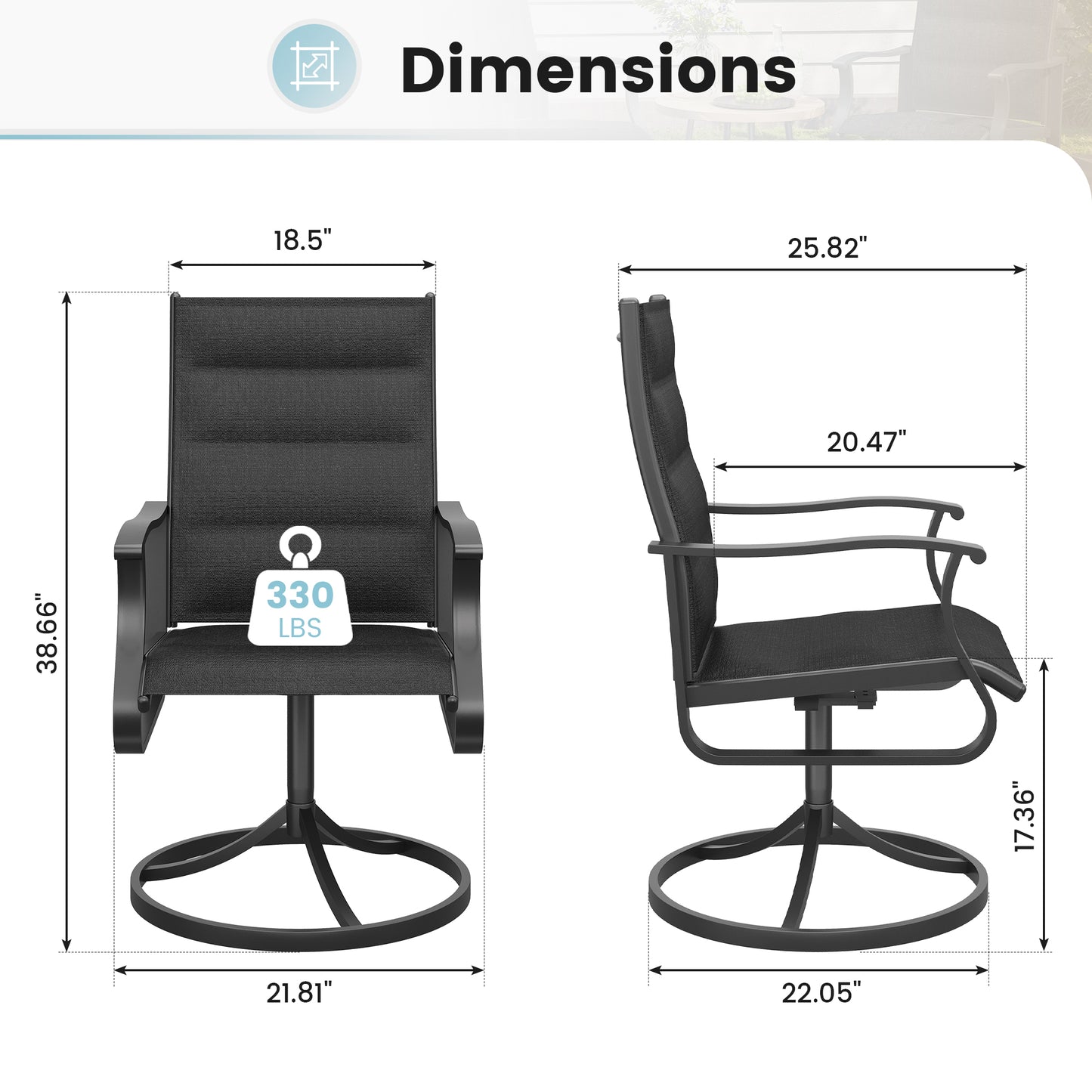 VONZOY Patio Swivel Chairs Set of 2, Outdoor Dining Chairs with High Back, 360° Swivel Rocker Chair in All-Weather Padded Textilene & Metal Frame for Garden, Porch, Backyard, Balcony(Padded Black)