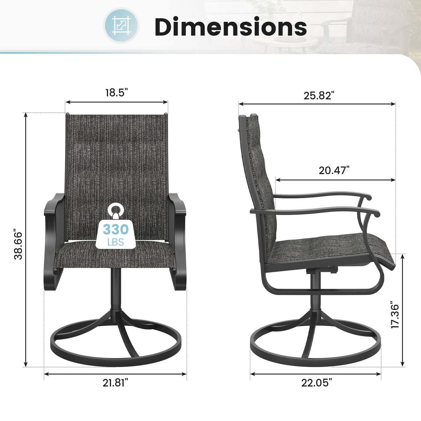 VONZOY Patio Swivel Chairs Set of 2, Outdoor Dining Chairs with High Back, 360° Swivel Rocker Chair in All-Weather Padded Textilene & Metal Frame for Garden, Porch, Backyard, Balcony(Padded Dark Grey)