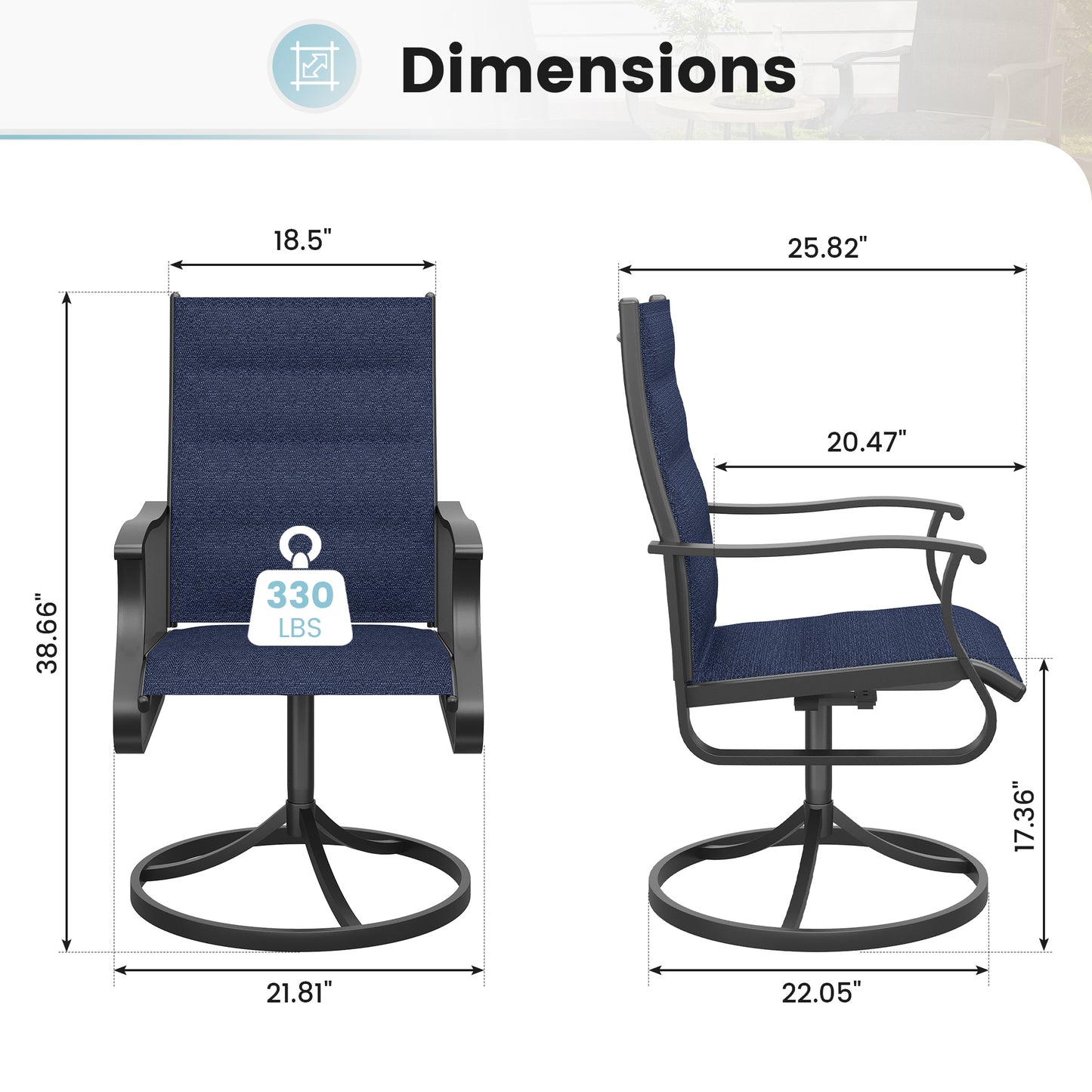 VONZOY Patio Swivel Chairs Set of 2, Outdoor Dining Chairs with High Back, 360° Swivel Rocker Chair in All-Weather Padded Textilene & Metal Frame for Garden, Porch, Backyard, Balcony(Padded Navy)