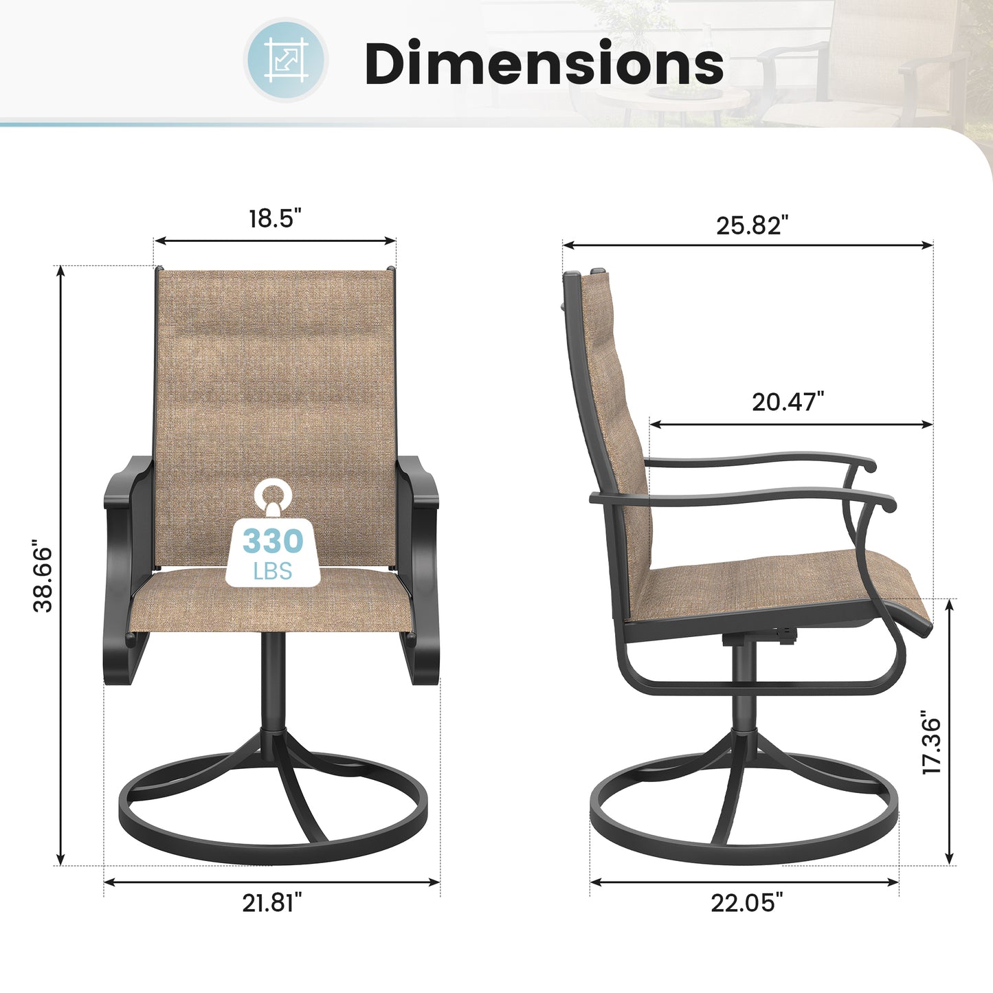 VONZOY Patio Swivel Chairs Set of 4, Outdoor Dining Chairs with High Back, 360° Swivel Rocker Chair in All-Weather Padded Textilene & Metal Frame for Garden, Porch, Backyard, Balcony(Padded Brown)