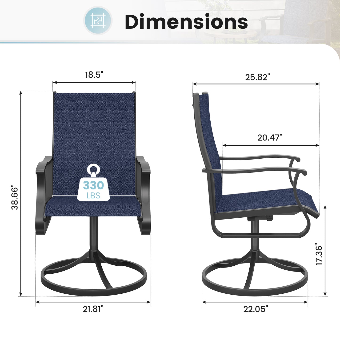 VONZOY Patio Swivel Chairs Set of 2, Outdoor Dining Chairs with High Back, 360° Swivel Rocker Chair in All-Weather Textilene & Metal Frame for Garden, Porch, Backyard, Balcony(Navy)