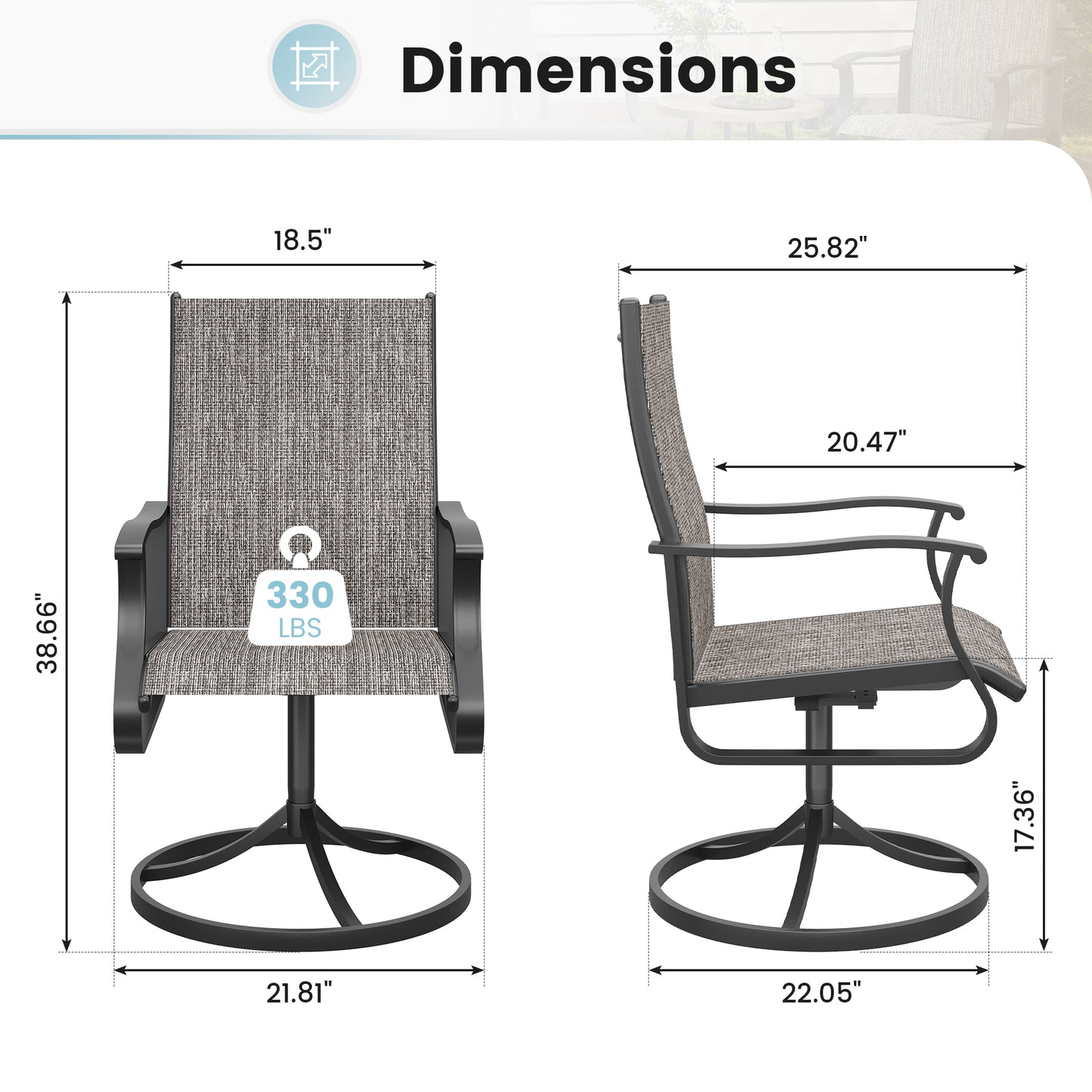 VONZOY Patio Swivel Chairs Set of 2, Outdoor Dining Chairs with High Back, 360° Swivel Rocker Chair in All-Weather Padded Textilene & Metal Frame for Garden, Porch, Backyard, Balcony(Padded Grey)
