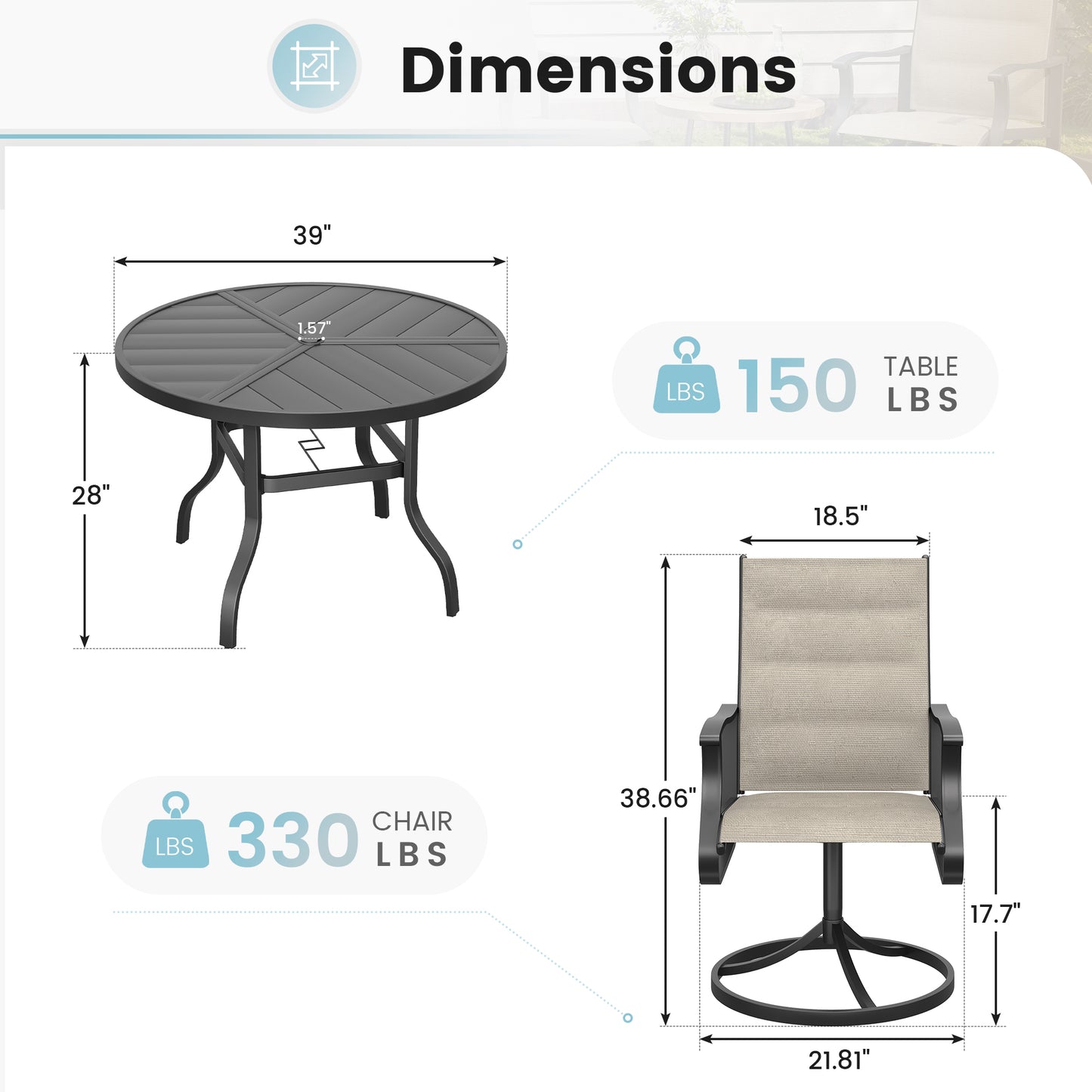 VONZOY 5 Pieces Patio Dining Set, Padded Patio Outdoor Furniture Set of 4 Patio Swivel Dining Chairs and 39" Patio Spliced Round Tabletop with Umbrella Hole, for Deck, Backyard, Poolside & Garden