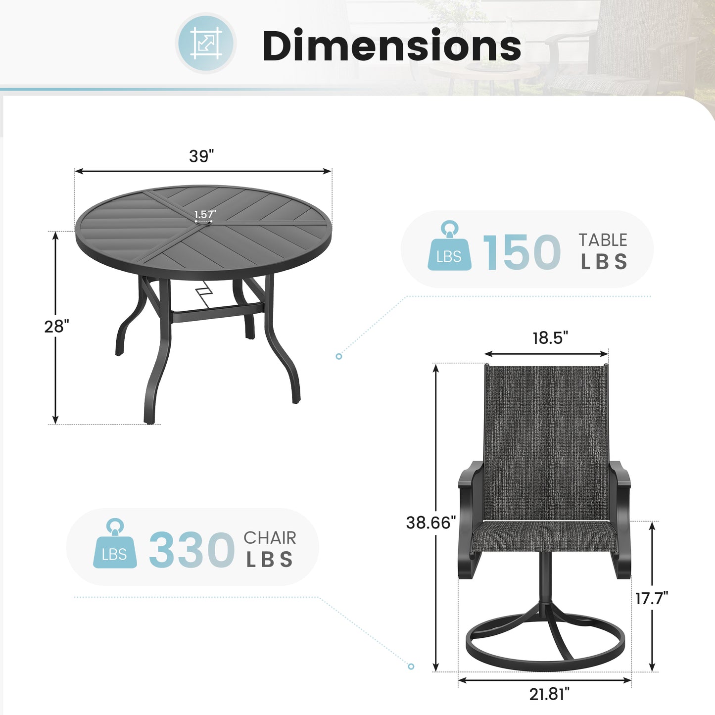 VONZOY 5 Pieces Patio Dining Set, Patio Outdoor Furniture Set of 4 Patio Swivel Dining Chairs and 39" Patio Spliced Round Tabletop with Umbrella Hole, for Deck, Backyard, Poolside & Garden