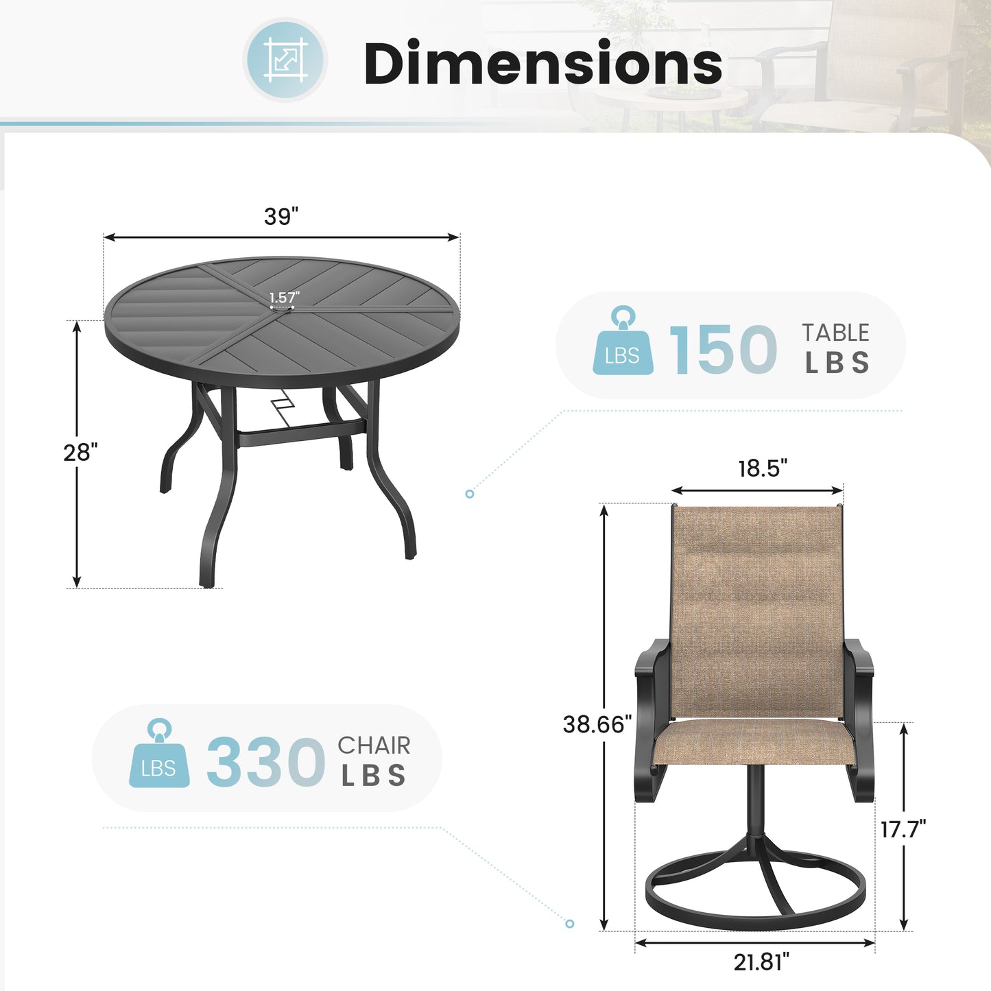 VONZOY 5 Pieces Patio Dining Set, Padded Patio Outdoor Furniture Set of 4 Patio Swivel Dining Chairs and 39" Patio Spliced Round Tabletop with Umbrella Hole, for Deck, Backyard, Poolside & Garden