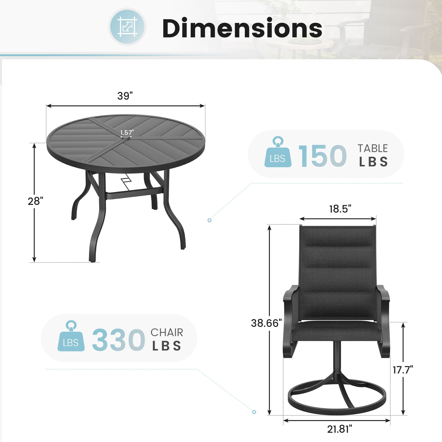 VONZOY 5 Pieces Patio Dining Set, Padded Patio Outdoor Furniture Set of 4 Patio Swivel Dining Chairs and 39" Patio Spliced Round Tabletop with Umbrella Hole, for Deck, Backyard, Poolside & Garden