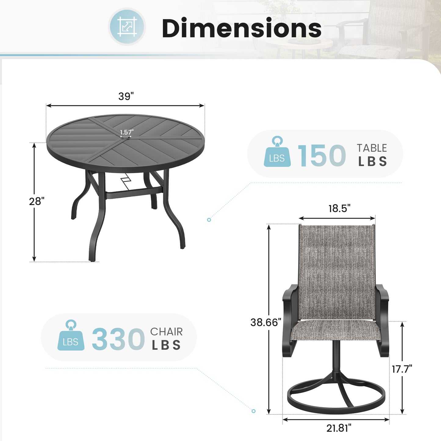 VONZOY 5 Pieces Patio Dining Set, Padded Patio Outdoor Furniture Set of 4 Patio Swivel Dining Chairs and 39" Patio Spliced Round Tabletop with Umbrella Hole, for Deck, Backyard, Poolside & Garden