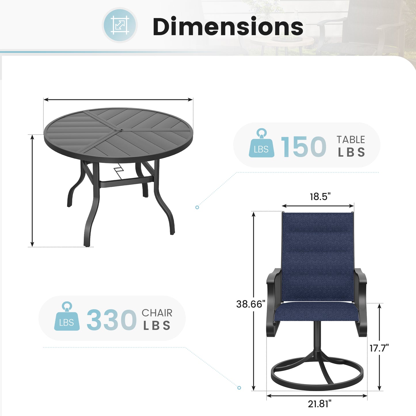 VONZOY 5 Pieces Patio Dining Set, Padded Patio Outdoor Furniture Set of 4 Patio Swivel Dining Chairs and 39" Patio Spliced Round Tabletop with Umbrella Hole, for Deck, Backyard, Poolside & Garden