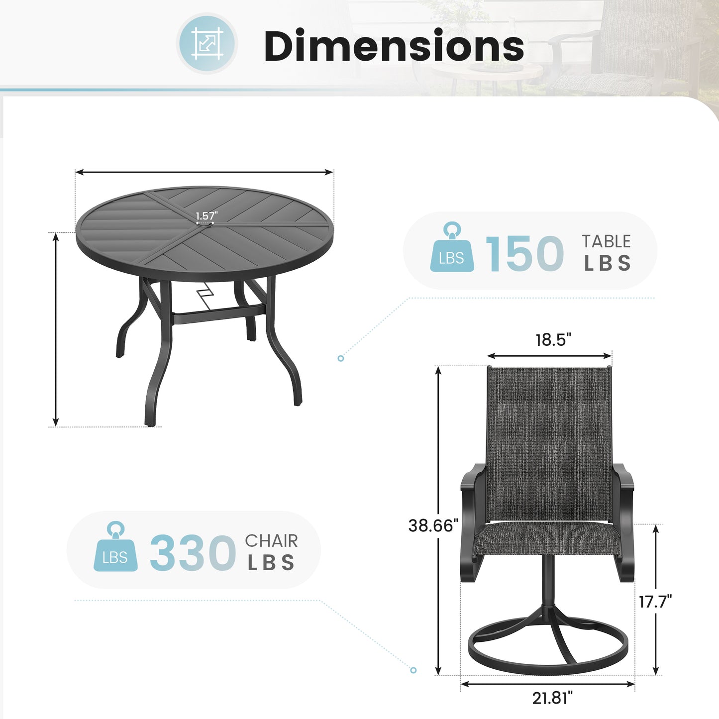 VONZOY 5 Pieces Patio Dining Set, Padded Patio Outdoor Furniture Set of 4 Patio Swivel Dining Chairs and 39" Patio Spliced Round Tabletop with Umbrella Hole, for Deck, Backyard, Poolside & Garden