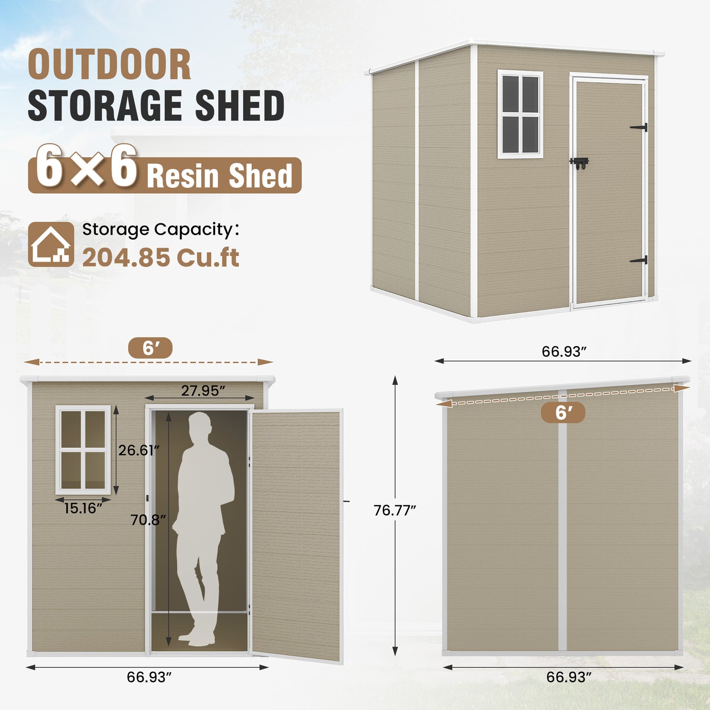 VONZOY Outdoor Storage Shed, 6x6 FT Resin Shed with Floor and Lockable Door, Window & Vents, Tool Sheds & Outdoor Storage for Bike, Garden Accessories, Tools, Waterproof