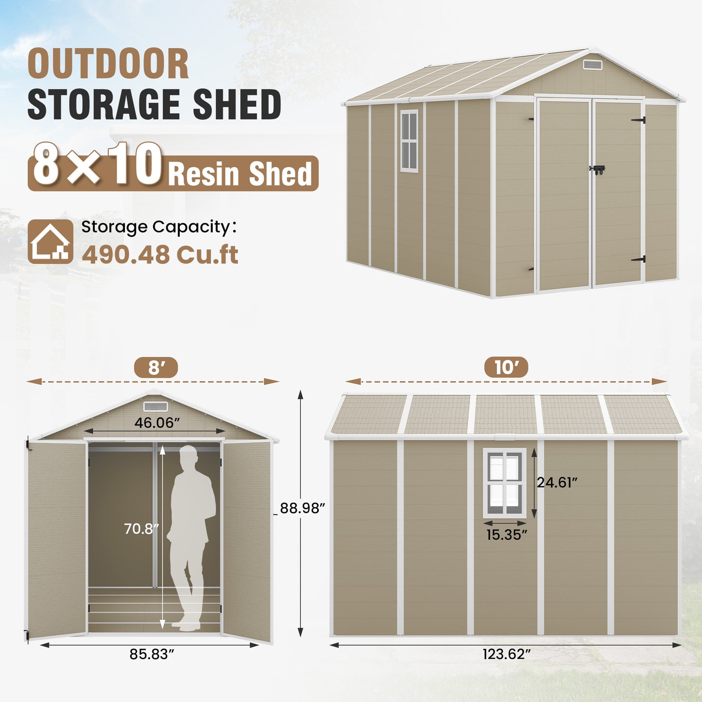 VONZOY Outdoor Storage Shed, 8x10 FT Resin Shed with Floor and Window, Lockable Door, Vents, Tool Sheds & Outdoor Storage for Bike, Tools, Garden Accessories, Waterproof