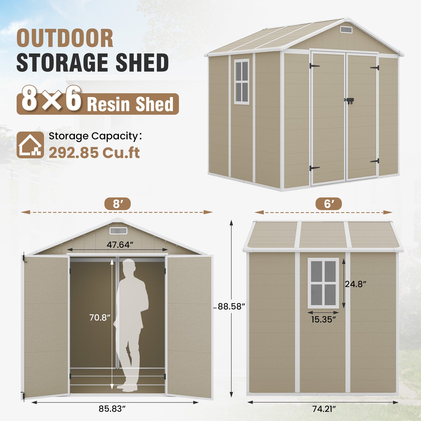 VONZOY Outdoor Storage Shed, 8x6 FT Resin Shed with Floor and Lockable Door, Window & Vents, Tool Sheds & Outdoor Storage for Bike, Garden Accessories, Tools, Waterproof